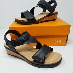 Clarks Kacha Wave Women's Black Leather Wedge Sandals US 10W Wide NIB